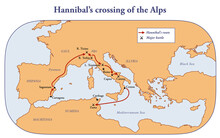 Map With The Route Of Hannibal Crossing Of The Alps