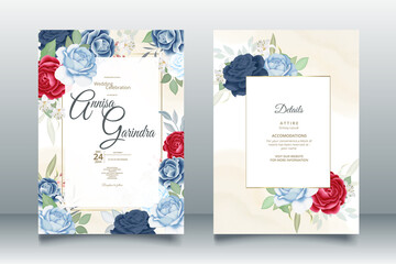 Elegant wedding invitation card with beautiful red navy blue floral and leaves template Premium Vector