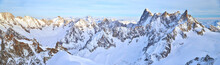 The Mountain Aiguille Du Midi 3842 Meters In The Mont Blanc Massif In The French Alps At Sunset, Panoramic Image, Peaks Of Mountains