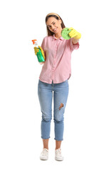 Wall Mural - Young woman with sponge and detergent on white background