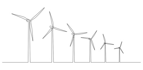 Poster - Wind turbines and windmill in one continuous line drawing. Green energy and renewable source of power concept in simple linear style. Editable stroke. Doodle vector illustration