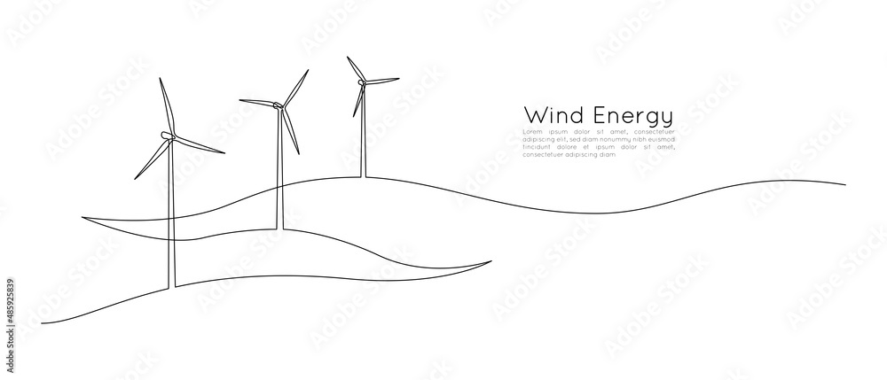 One continuous line drawing of Wind turbines and windmill among hilly ...