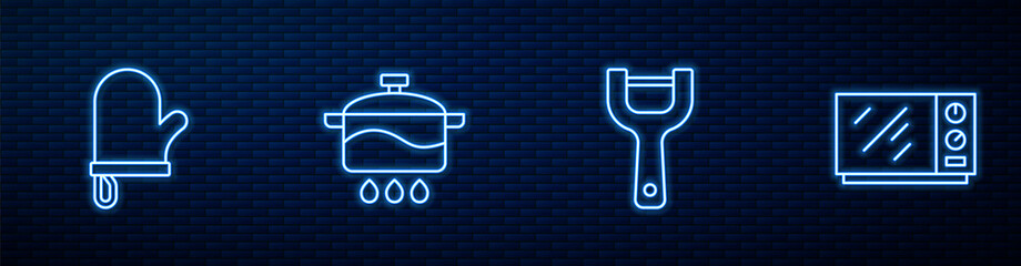 Set line Vegetable peeler, Oven glove, Cooking pot and Microwave oven. Glowing neon icon on brick wall. Vector