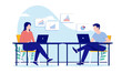 © Knut - Man and woman working on computers - Two people sitting at desk doing work with charts and graphs. Flat design vector illustration with white background