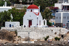 A Typical White Church In Mykonos Island, Greece.