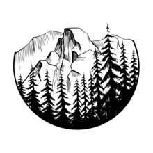 Vector Yosemite National Park And Falls In Califarnia Illustration. Hand Drawn Mountain And Woods. Design In Simple Graphic Style Perfect For Badges, Emblems, Patches, T-shirts, Etc.