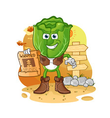 Wall Mural - cabbage head cartoon cowboy with wanted paper. cartoon vector