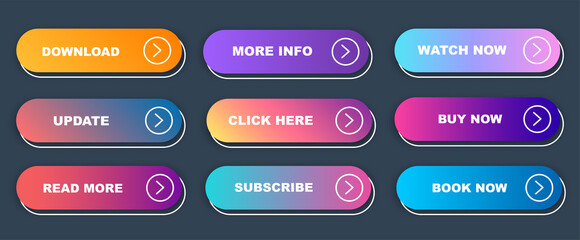 Set of vector modern trendy flat buttons. Different colors of main shapes