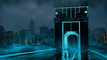 3d Illustration Of A Glowing Sci-fi Gate Leading To A Futuristic City - Digital Fantasy Painting