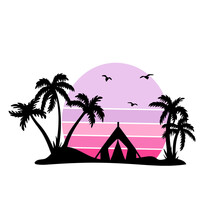 Sunset Silhouette Palm Vector Logo. Tropical Landscape With Palm Trees Vector In  Very Peri. Vector Art Eps