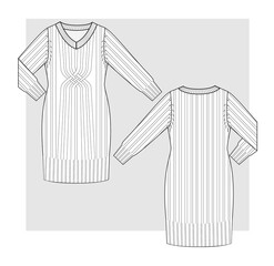 Wall Mural - Knitted dress with v-neck and braid technical scketch.