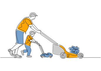 Wall Mural - One continuous single drawing line art a dad and his son do gardening together. Vector illustration. Isolated one line hand draw on a white background.