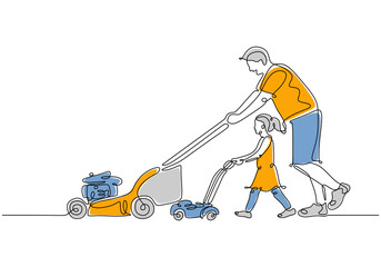 Wall Mural - One single line drawing of young dad and his daughter do gardening together. Vector illustration. Isolated one line hand draw on a white background on a white background.