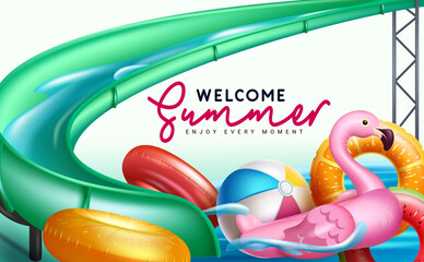 Wall Mural - summer slide vector background design. welcome summer text in swimming pool park with inflatable flo