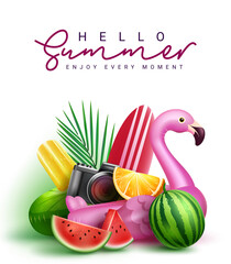 Wall Mural - summer greeting vector design. hello summer typography text with tropical holiday elements of fruits