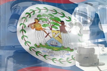 Wall Mural - Microscope on Belize flag - science development conceptual background. Research in biochemistry or genetics, 3D illustration of object