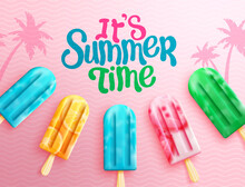 Summer popsicles vector background design. It's summer time text with fruits popsicle desserts in colorful sweet flavors for tropical season refreshment dessert. Vector illustration.
