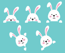 Cute White Easter Bunny Rabbit Peeking Out. Peekaboo Easter Bunny Frame Vector Illustration.