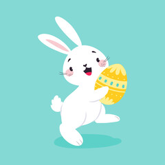 Poster - White Easter Bunny Carrying Decorated Egg on Blue Background Vector Illustration