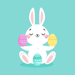 Poster - White Easter Bunny Holding Decorated Egg on Blue Background Vector Illustration