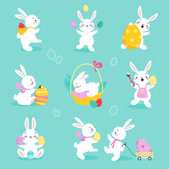 Poster - White Easter Bunny with Decorated Egg on Blue Background Vector Set