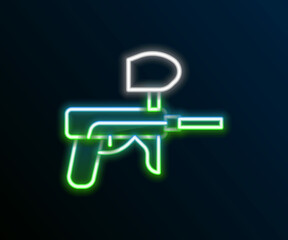 Sticker - Glowing neon line Paintball gun icon isolated on black background. Colorful outline concept. Vector