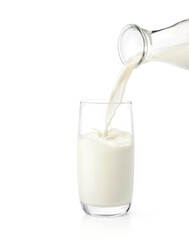 Wall Mural - Pouring fresh milk into the glass isolated on white background.