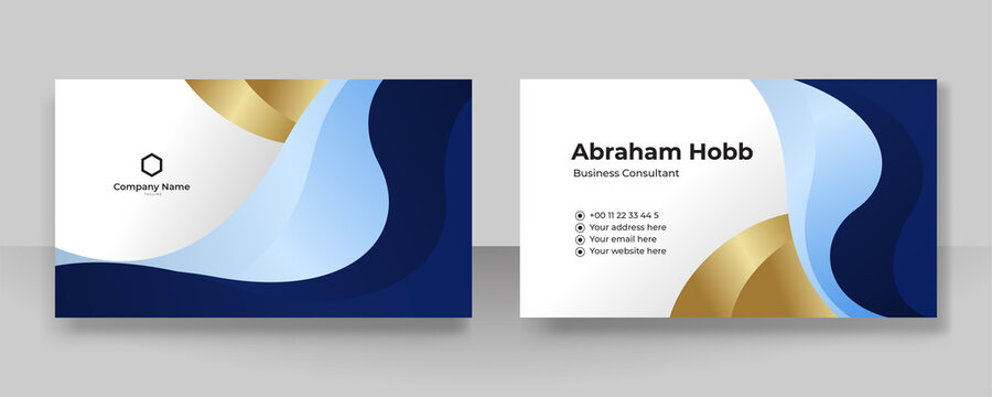 Modern creative and clean blue gold business card design template. Luxury elegant business card design background with trendy simple abstract geometric stylish wave lines. Vector illustration