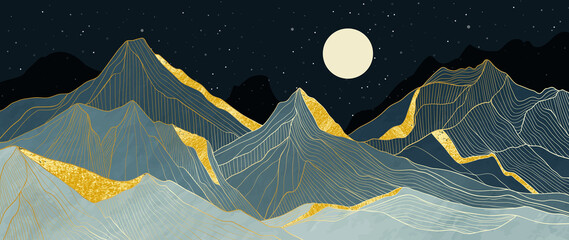 Luxury line art on dark background. Landscape mountain wallpaper with golden line and blue hill, sparkling stars and circle moon at night. For banner, cover, decoration and prints.