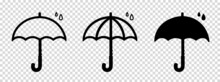 Umbrellas With Raindrops - Different Black Vector Icons Isolated On Transparent Background