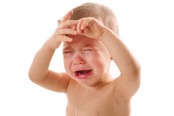 Closeup shot of upset little boy crying.