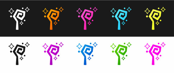 Sticker - Set Magic staff icon isolated on black and white background. Magic wand, scepter, stick, rod. Vector