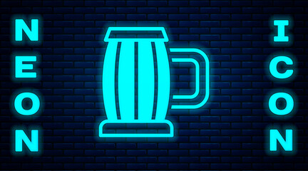 Sticker - Glowing neon Wooden beer mug icon isolated on brick wall background. Vector