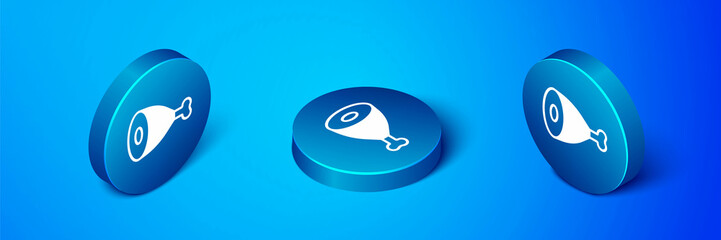 Sticker - Isometric Chicken leg icon isolated on blue background. Chicken drumstick. Blue circle button. Vector