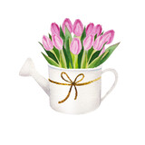Fototapeta Lawenda - watercolor illustration of spring pink tulip flowers in watering can
