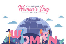 International Women's Day - A Diverse Group Of Women Helping To Put The Letters WOMEN In Order Vector Design