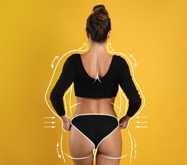 Canvas Print - Slim woman after weight loss on yellow background, back view