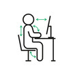 Correct health posture of sitting on computer, right ergonomic workstation. Worker sitting at desk with right pose body for healthy back. Health work position rule. Vector sign line illustration