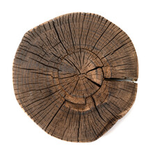 Aged Cracked Wooden Tree Section With Rings And Texture Isolated On White. Circular Background With An Organic Feel.