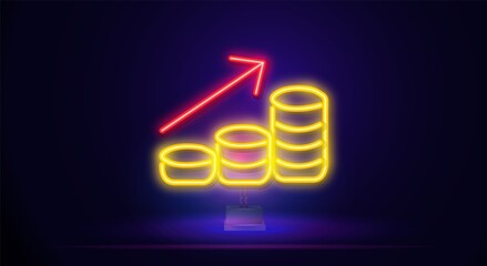 Wall Mural - Neon sign of gold coins. Technology, startup and design of mobile payments. Night bright neon sign, colorful billboard, light banner. Vector illustration in neon style.