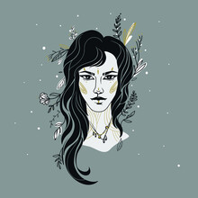 Woman With A Pattern On Her Face, A Forest Nymph, A Magical Forest, Vector Illustration