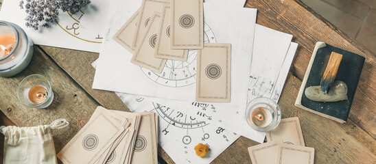 Wall Mural - astrology. astrologer calculates natal chart and makes a forecast of fate.tarot cards, fortune telli