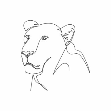 Continuous one simple single abstract line drawing of lioness animal concept icon in silhouette on a white background. Linear stylized.