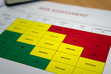 Wall Mural - close-up at medium level of risk assessment matrix table paper document. industrial and business pla