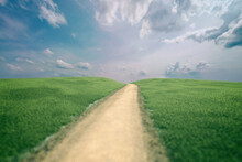 Rolling Countryside With A Dirt Road And A Blue Cloudy Sky In Summer. 3D Render.
