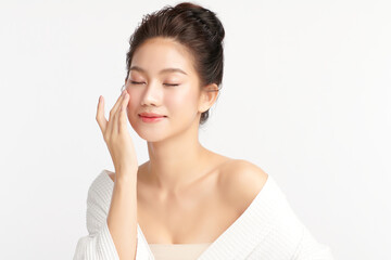 beautiful young asian woman with clean fresh skin on white background, face care, facial treatment, 