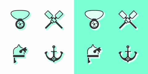 Set Anchor, Necklace with gem, Viking in horned helmet and Oars paddles boat icon. Vector