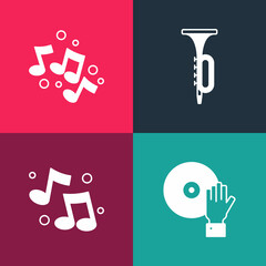 Canvas Print - Set pop art DJ playing music, Music note, tone, Trumpet and icon. Vector