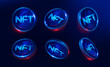 © Igor - NFT nonfungible token illustration with red and blue glowing lights dark blue background. Vector cryptocurrency