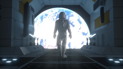 Wall Mural - astronaut in outer space. futuristic astronaut concept. alone astronaut in futuristic space ship. 3d
